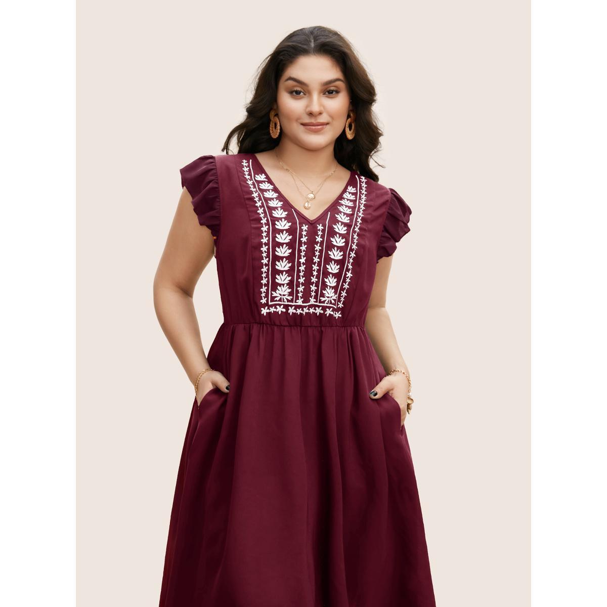 Plus Size Floral Embroidered V Neck Ruffle Cap Sleeve Dress RedViolet Women Resort Embroidered V-neck Cap Sleeve Curvy BloomChic 22-24/3X Product Image