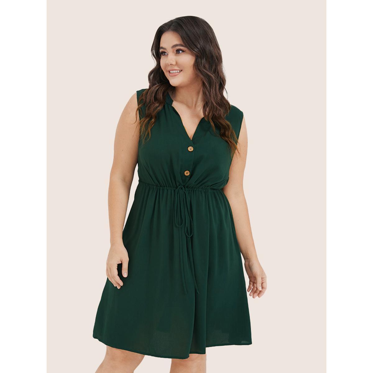 Plus Size Plain Ties Front Button Pocket V Neck Dress DarkGreen Women Work From Home Button V-neck Sleeveless Curvy Knee Dress BloomChic 10/M Product Image
