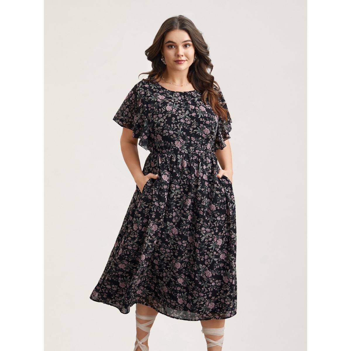 Plus Size Chiffon Floral Print Ruffled Midi Dress BlackFlower Women Elegant Ruffles Round Neck Short sleeve Curvy BloomChic 12/L Product Image