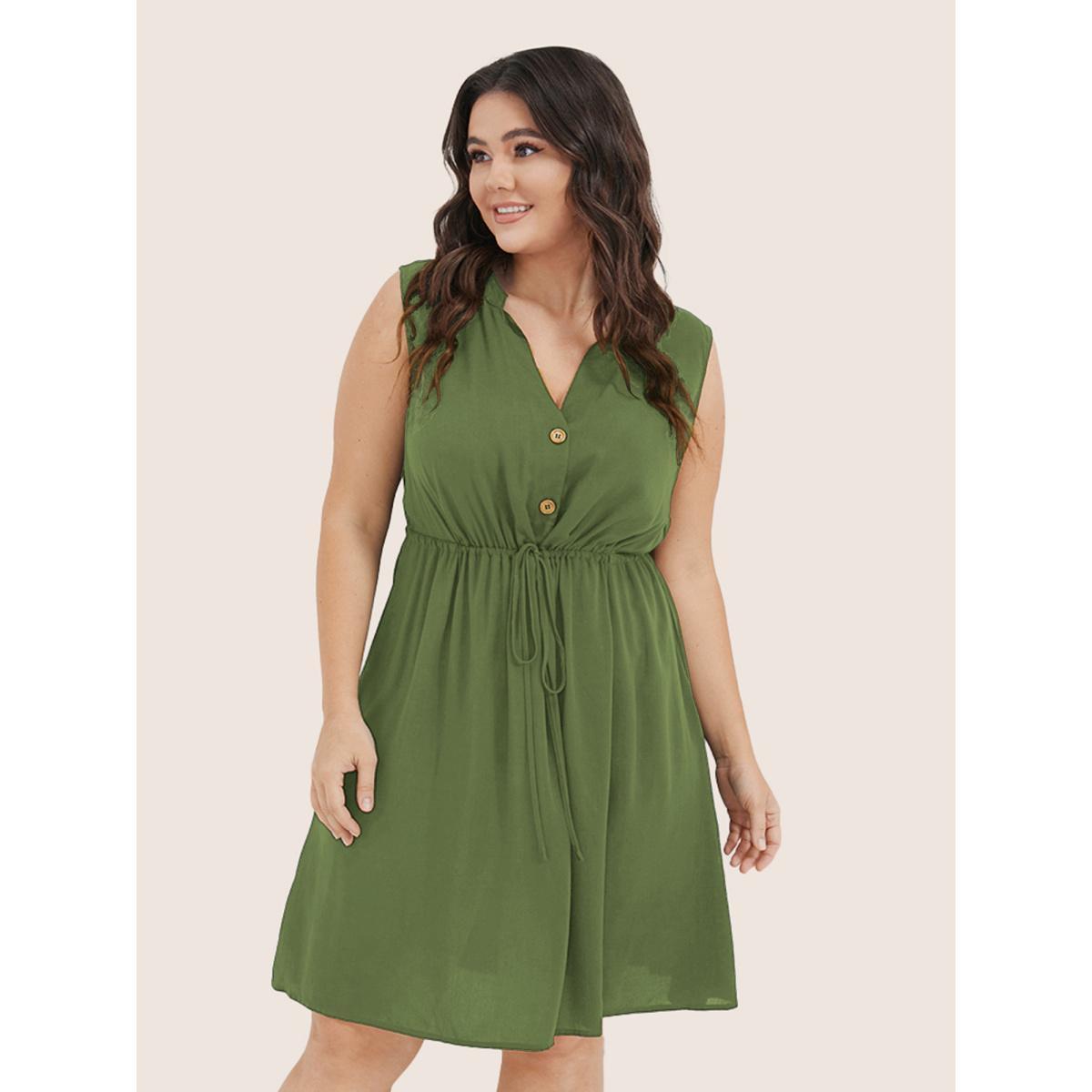 Plus Size Plain Ties Front Button Pocket V Neck Dress Moss Women Work From Home Button V-neck Sleeveless Curvy Knee Dress BloomChic 14-16/1X Product Image