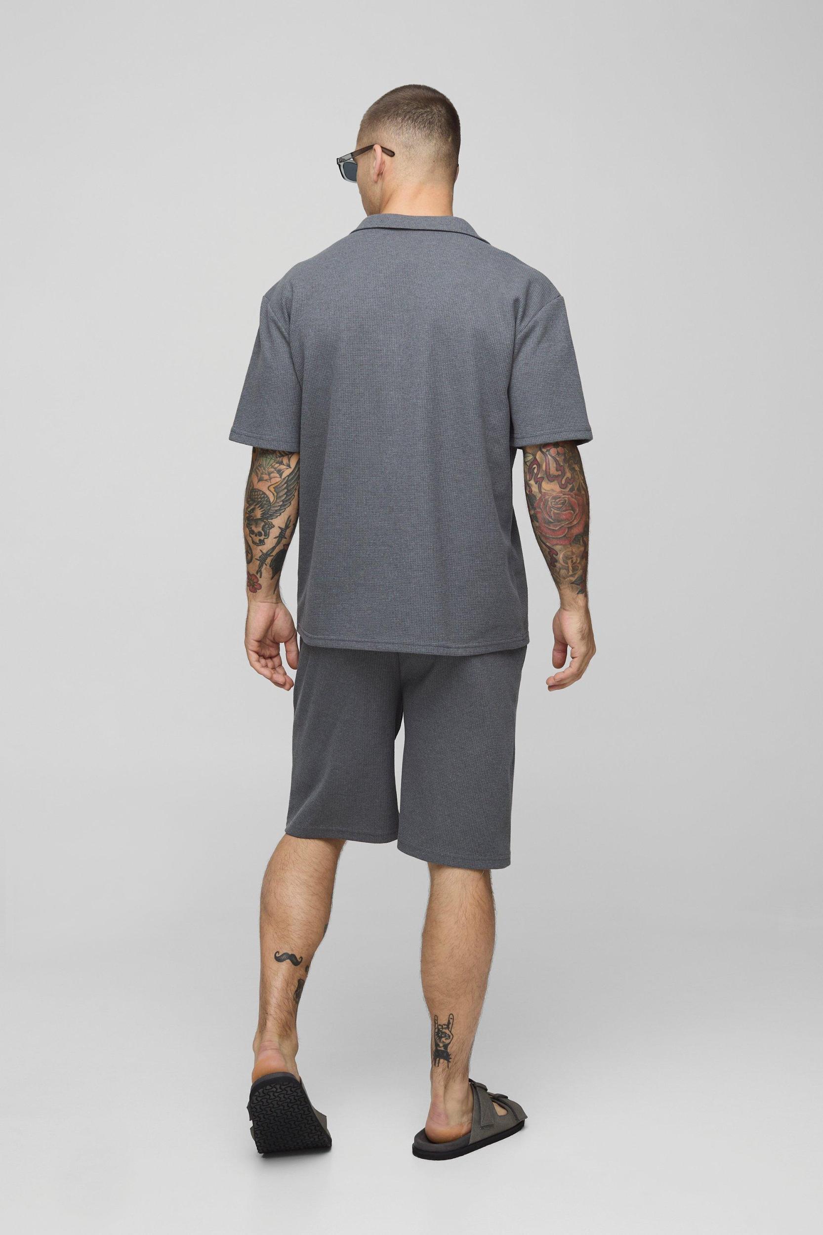 Waffle Oversized Short Sleeve Shirt & Relaxed Short Set | boohooMAN USA Product Image