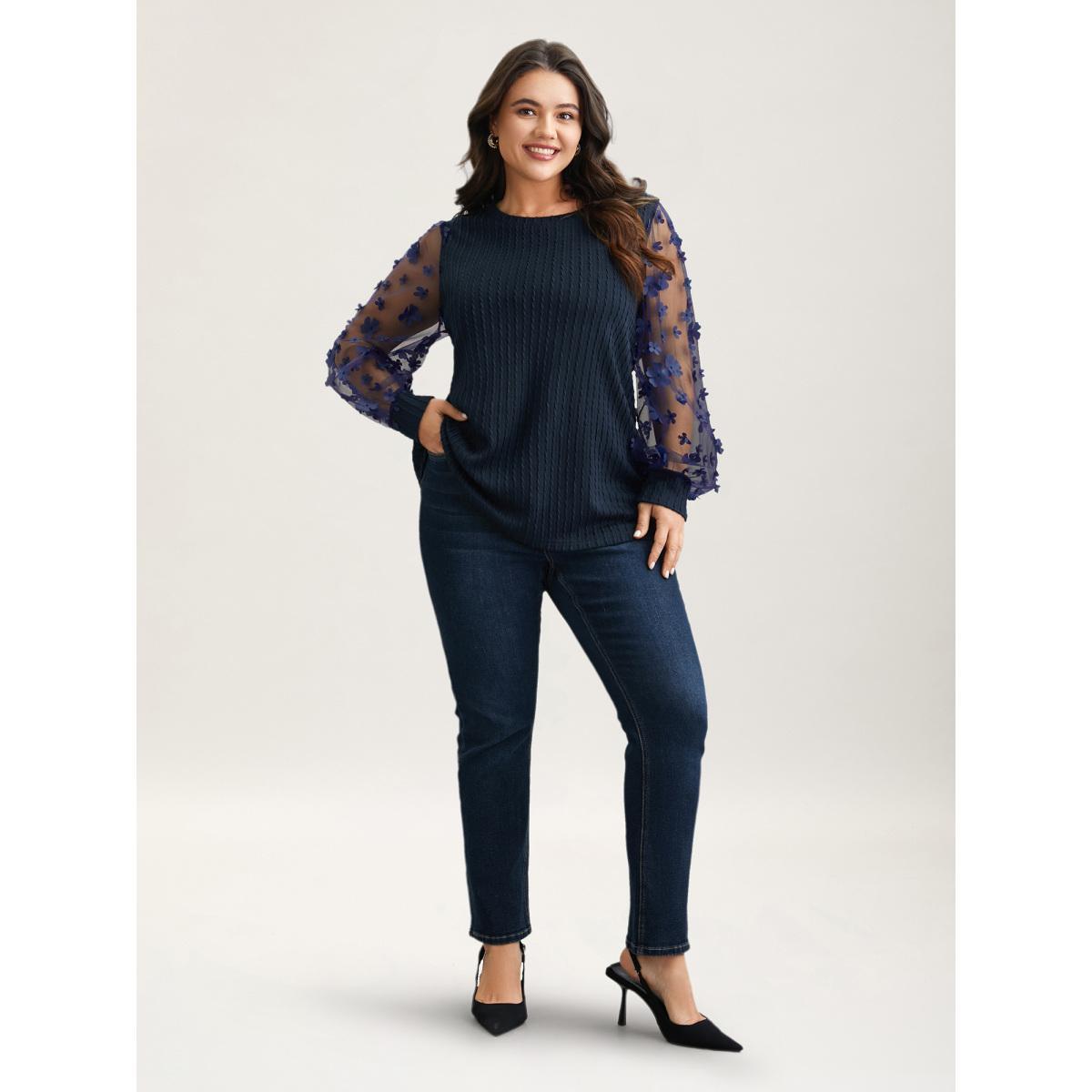 Plus Size Sheer Sleeve Textured Patchwork Round Neck T-Shirt Indigo Women Elegant Texture Round Neck Everyday T-shirts BloomChic 14-16/1X Product Image