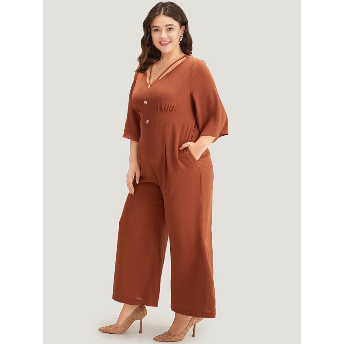 Plus Size Brown Plain Crisscross Plicated Detail Flutter Sleeve Jumpsuit Women Elegant Elbow-length sleeve V-neck Dailywear Loose Jumpsuits BloomChic 14-16/1X Product Image