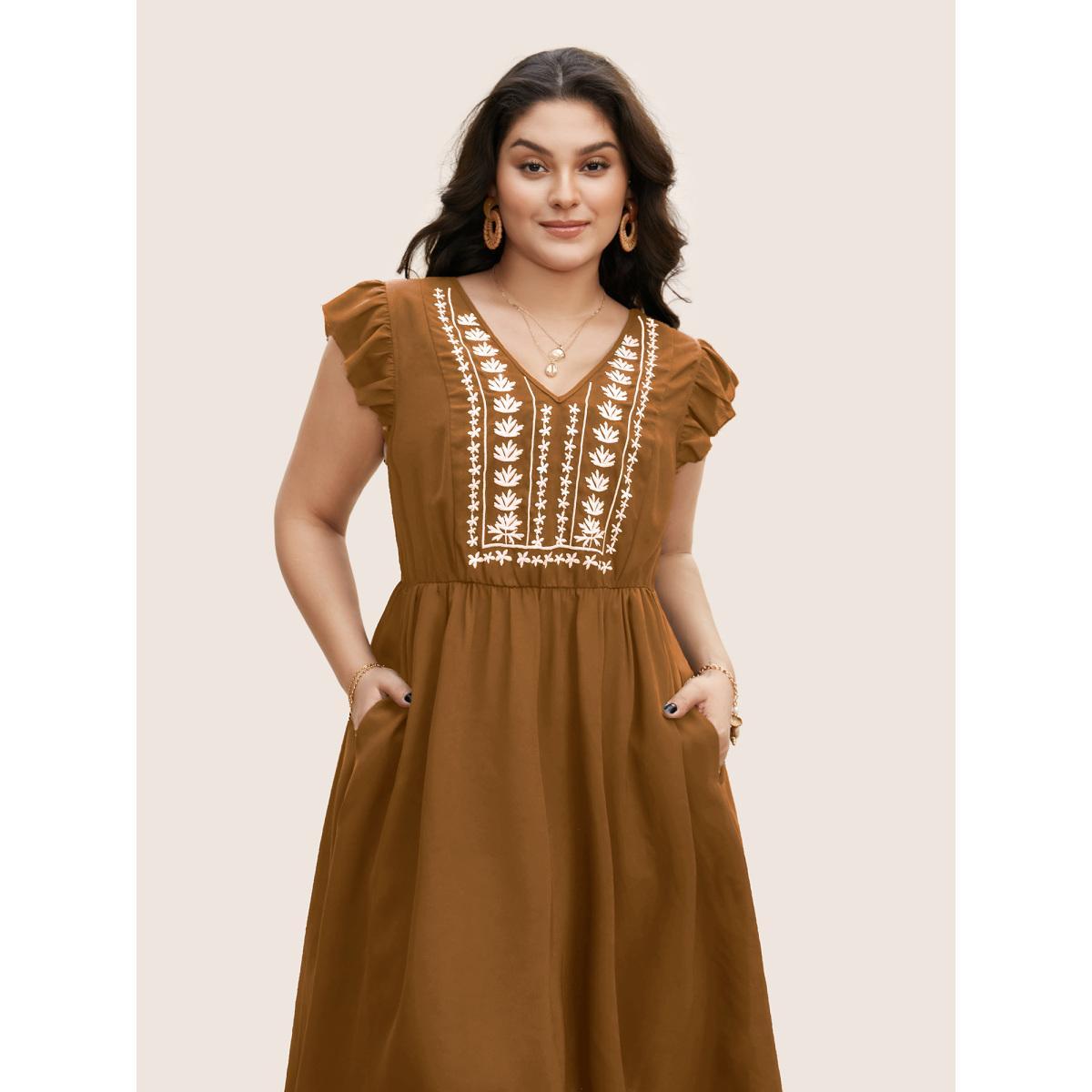 Plus Size Floral Embroidered V Neck Ruffle Cap Sleeve Dress Yellowishbrown Women Resort Embroidered V-neck Cap Sleeve Curvy BloomChic 12/L Product Image