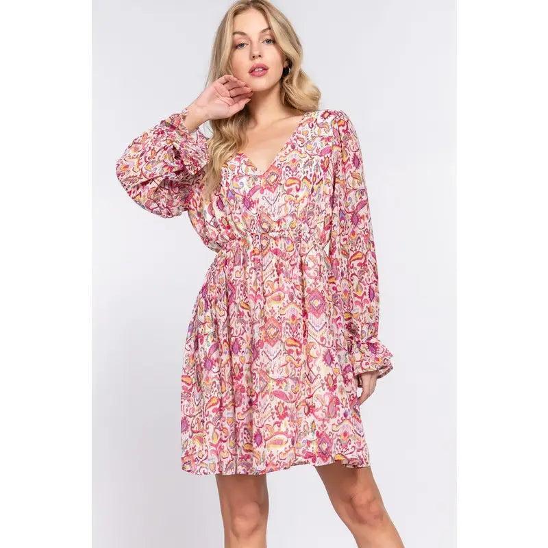 Women's Long Sleeve V-Neck Floral Printed Woven Mini Dress Product Image