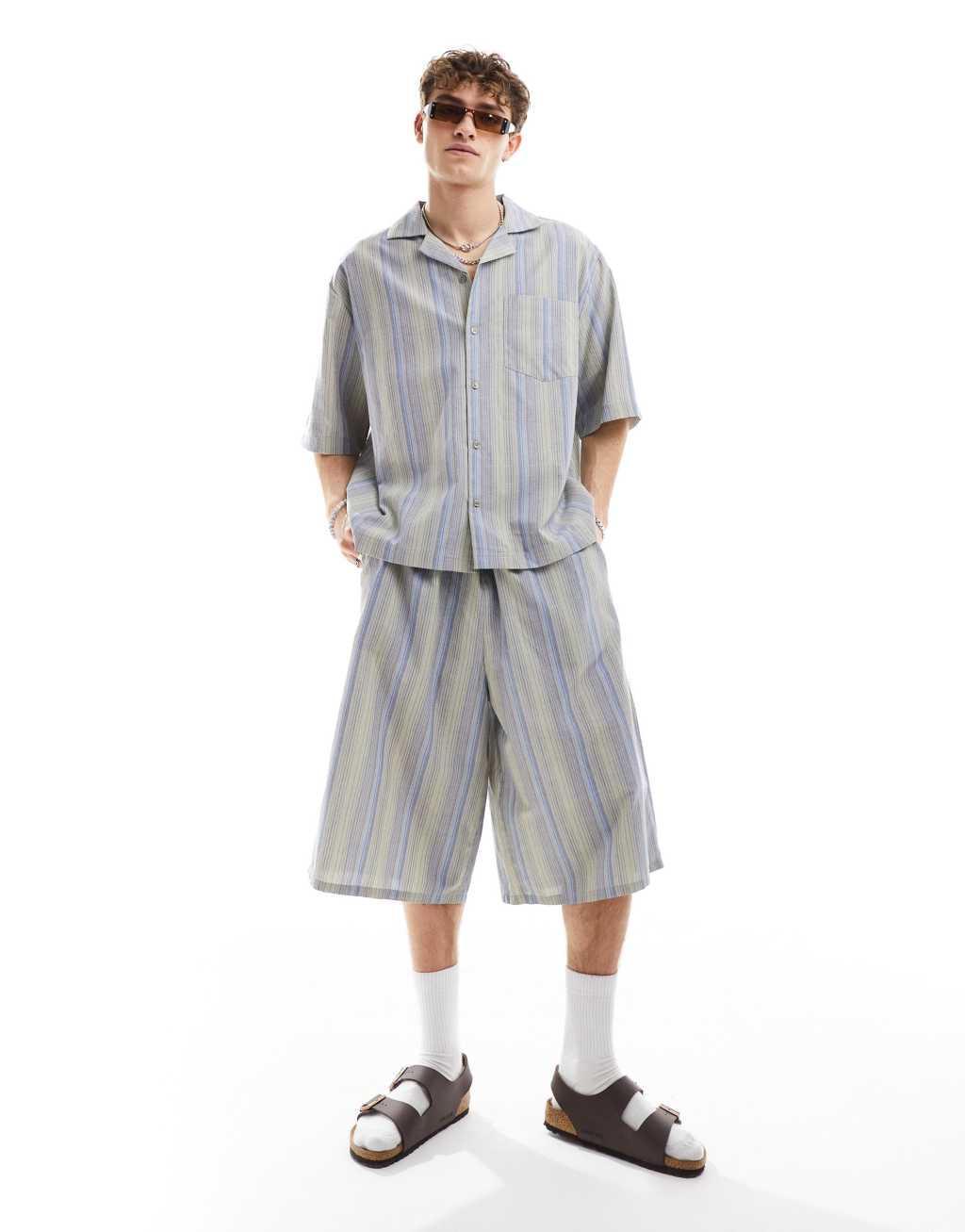 COLLUSION beach linen mix camp collar short sleeve shirt in stripe - part of a set Product Image