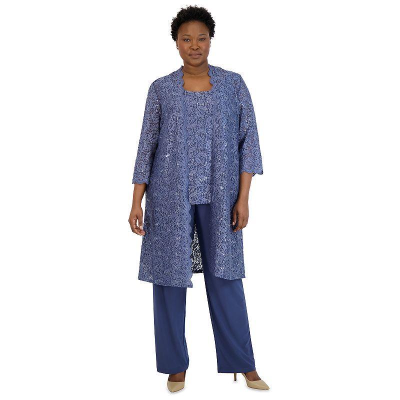 R  M Richards Plus Size Scoop Neck 34 Sleeve Scallop Glitter Lace Duster 3 Product Image