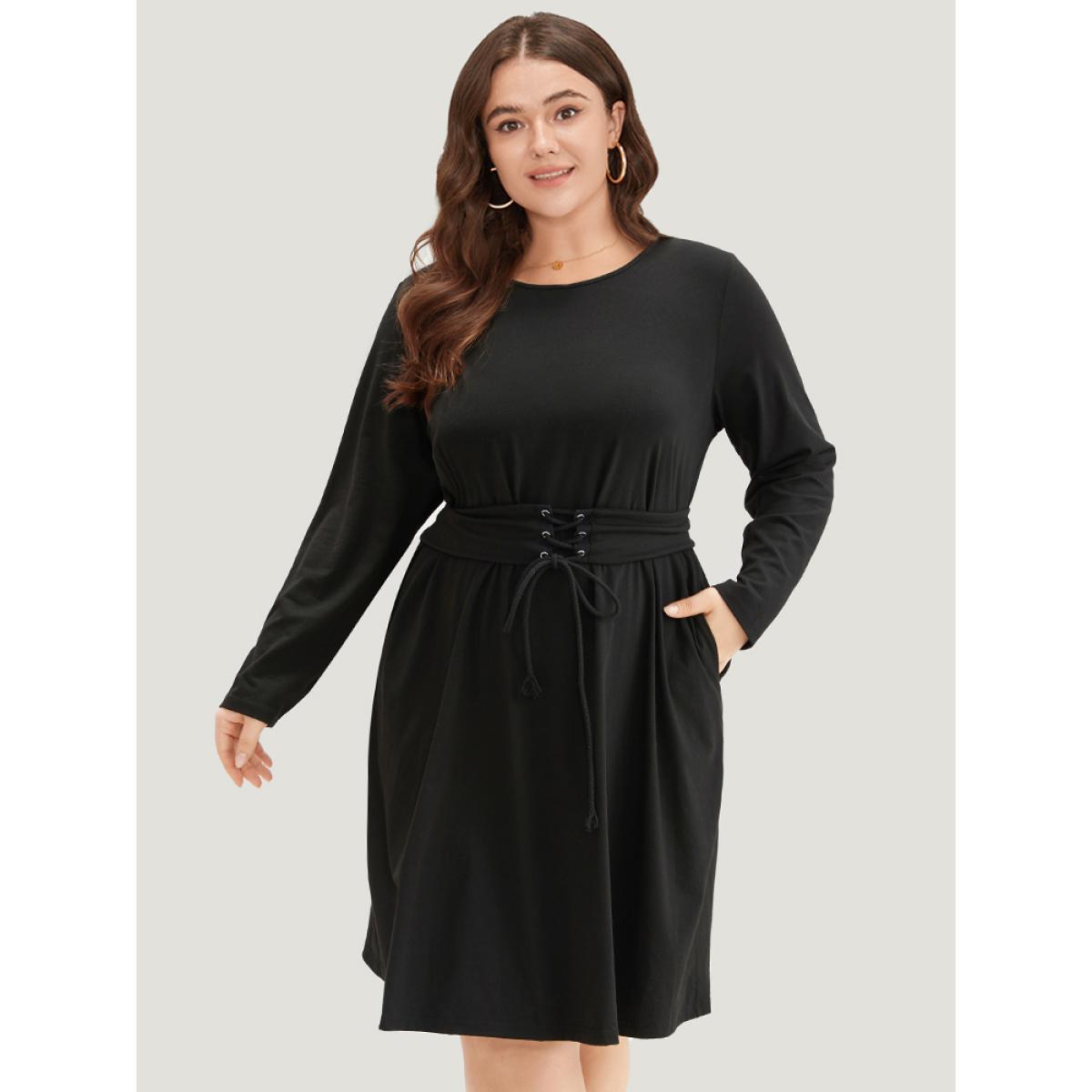 Plus Size Solid Pocket Drawstring Ties Dress Black Women Casual Plain Round Neck Long Sleeve Curvy Knee Dress BloomChic 14-16/1X Product Image