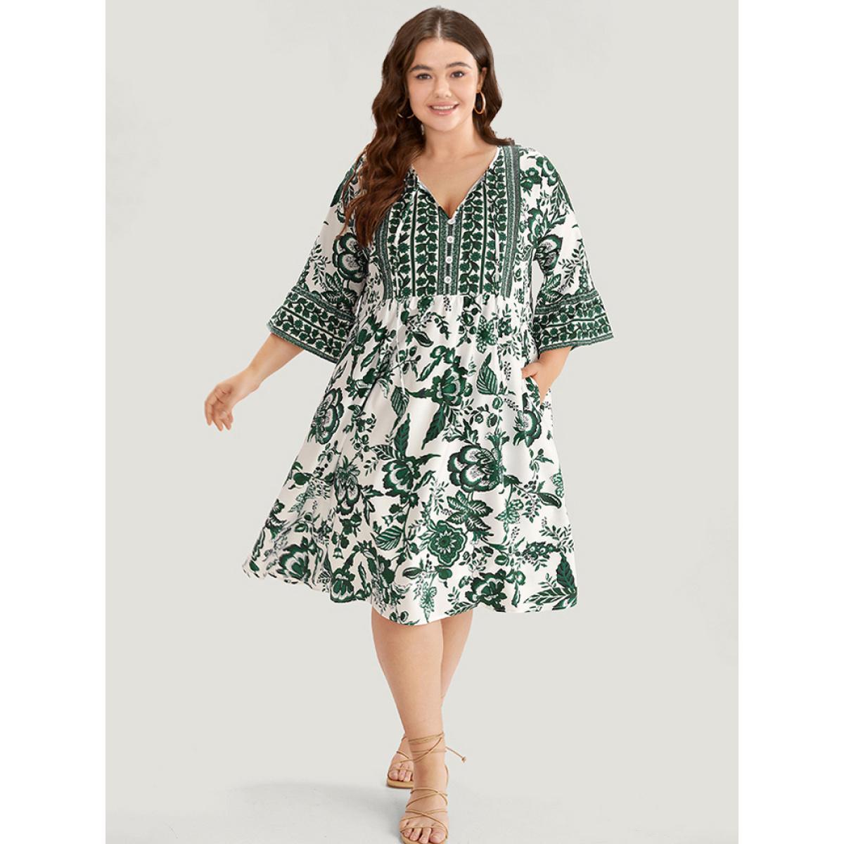 Plus Size Bandana Print Knot Neck Button Detail Dress DarkGreen Women Vacation Cross straps V-neck Elbow-length sleeve Curvy Midi Dress BloomChic 12/L Product Image