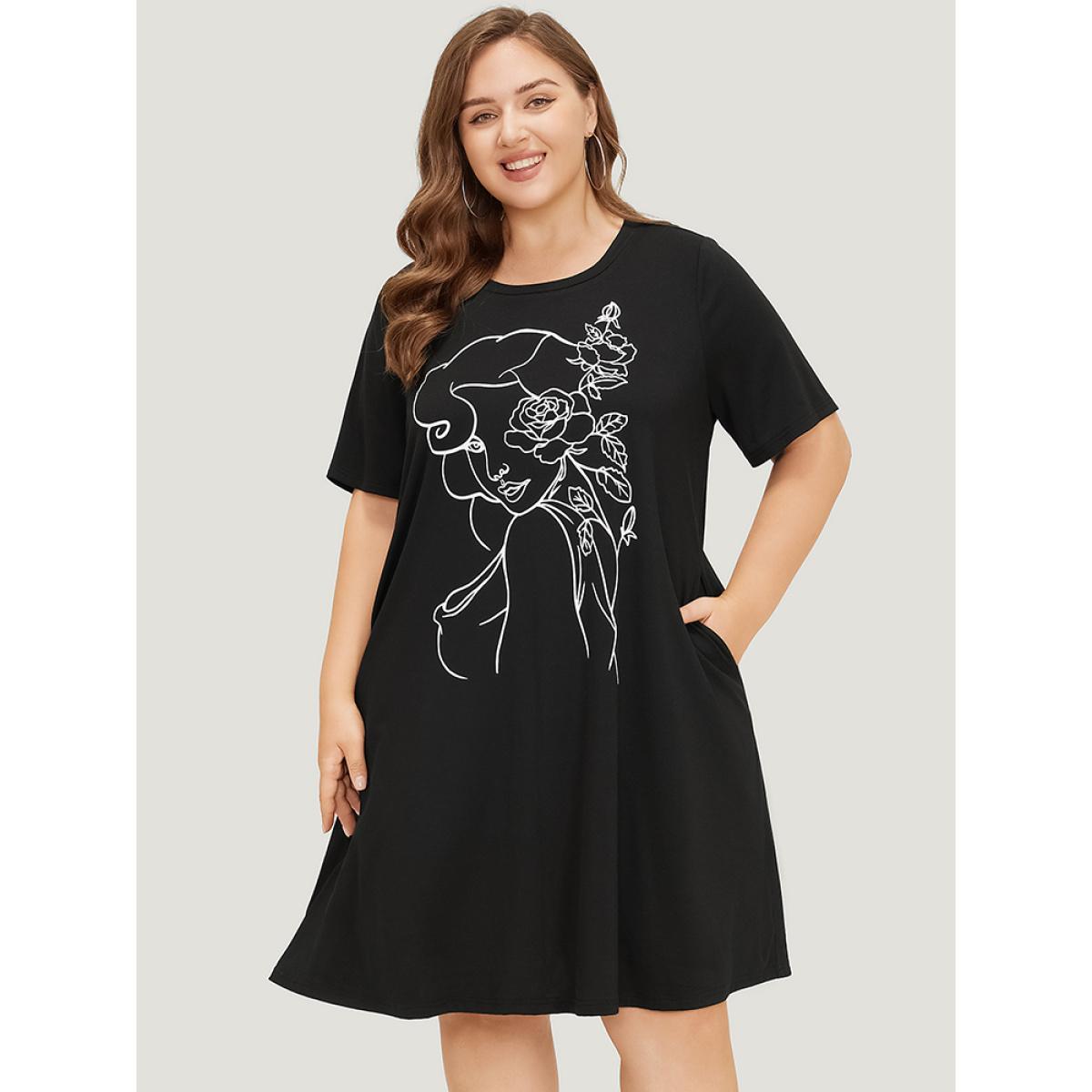 Plus Size Rose & Figure Print Pocket Flutter Graphic Dress Black Women Casual Printed Curvy Knee Dress BloomChic 22-24/3X Product Image