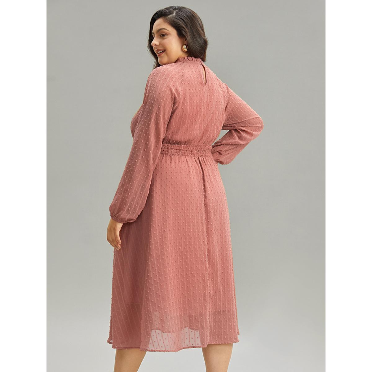 Plus Size Polka Dot Shirred Mock Neck Dress DustyPink Women Elegant Elastic cuffs Mock Neck Long Sleeve Curvy Midi Dress BloomChic 14-16/1X Product Image