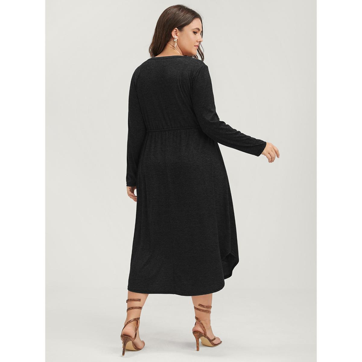 Plus Size Solid Pocket Button Asymmetrical Hem Ties Midi Dress Black Women Casual Patchwork V-neck Long Sleeve Curvy Midi Dress BloomChic 28/5X Product Image