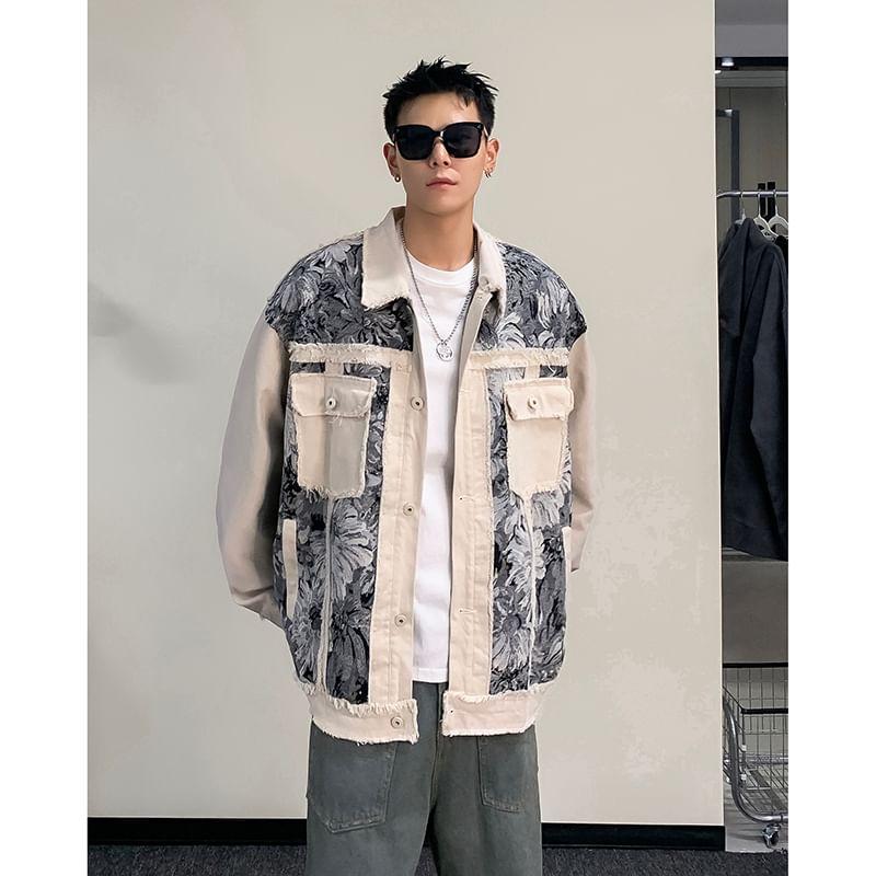 Printed Paneled Button-Up Denim Jacket Product Image