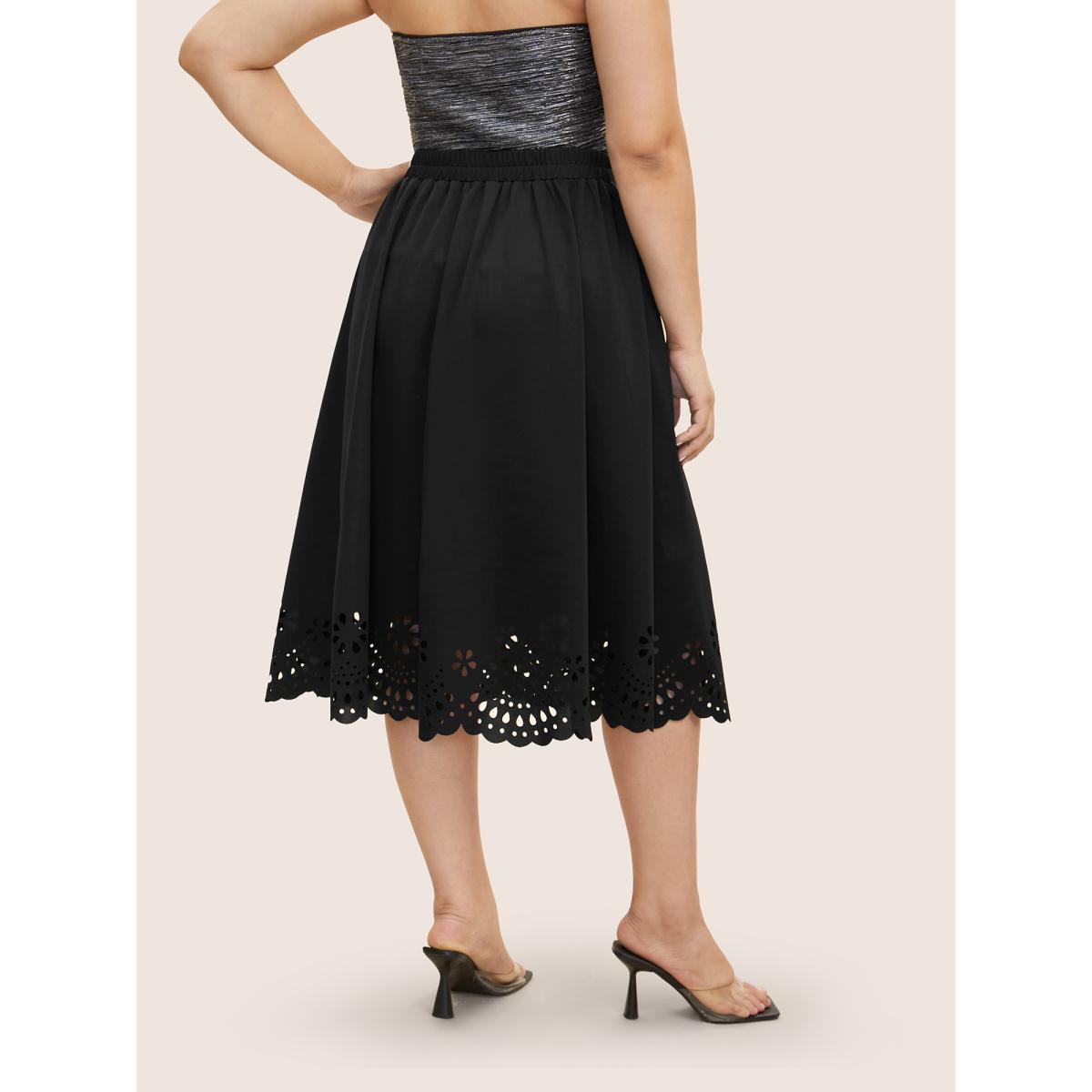Plus Size Laser Cut Elastic Waist Pocket Skirt Women Black Formal Cut-Out Medium stretch Side seam pocket Party Skirts BloomChic 30/6X Product Image