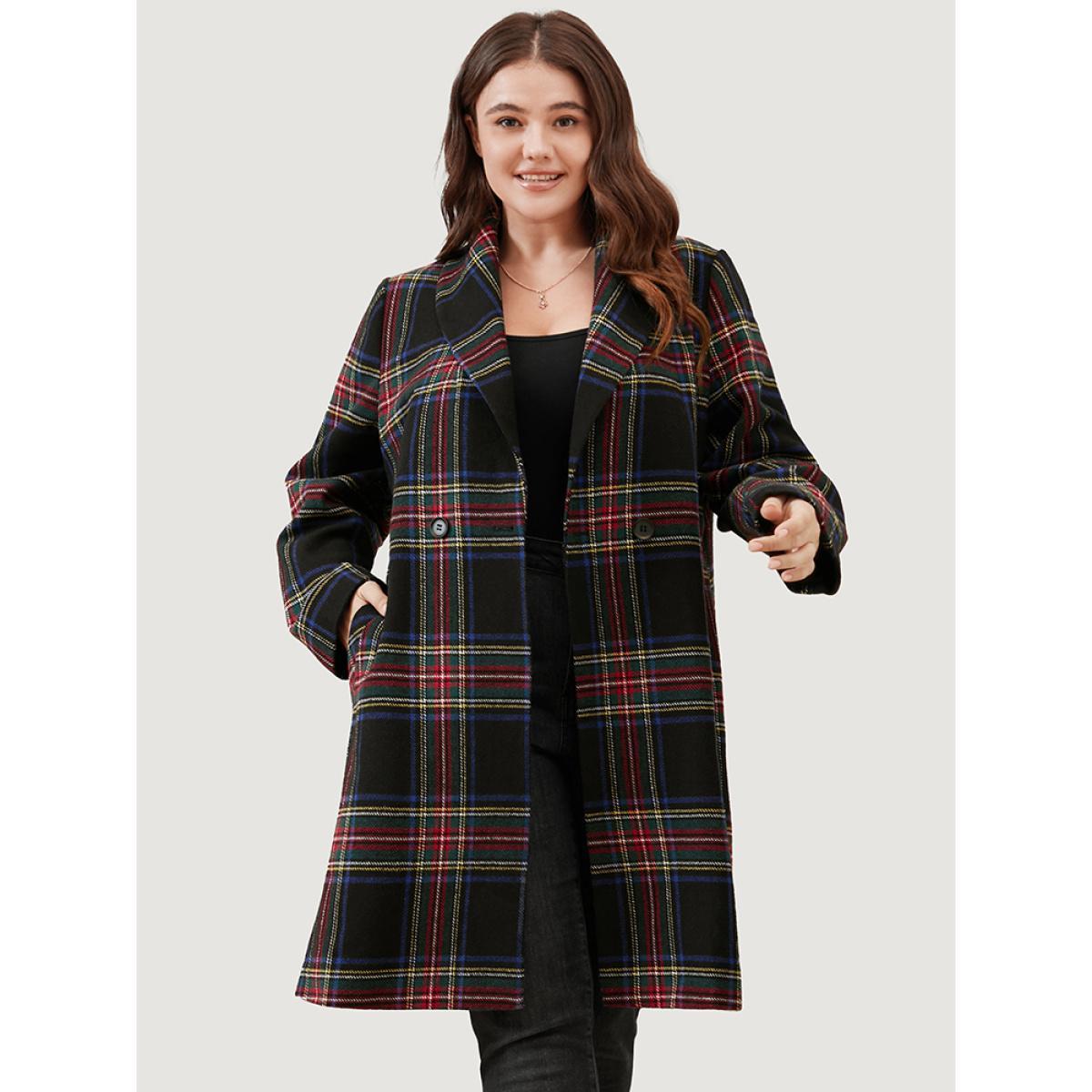 Plus Size Plaid Button Through Pocket Lapel Collar Coat Women Black Casual Pocket Ladies Dailywear Winter Coats BloomChic 22-24/3X Product Image