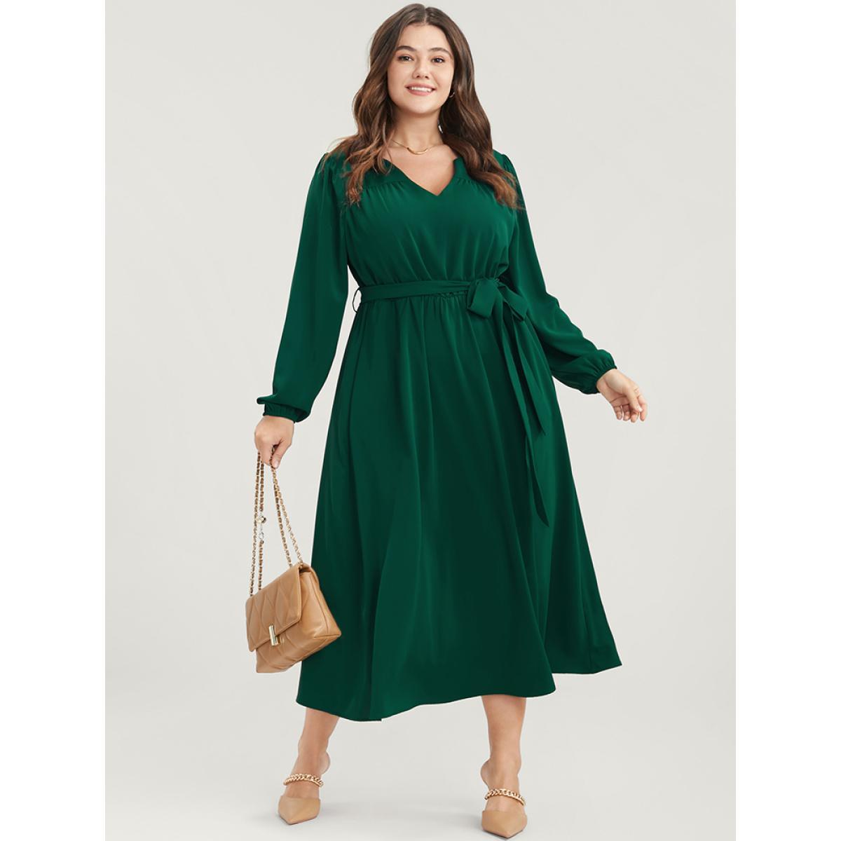 Plus Size Solid V Neck Pocket Belted Lantern Sleeve Midi Dress DarkGreen Women Elegant Belted V-neck Long Sleeve Curvy Midi Dress BloomChic 14-16/1X Product Image