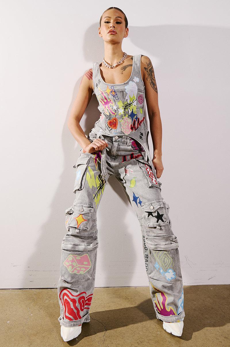 GRAFFITI DETAIL RELAXED LEG CARGO JEANS Product Image