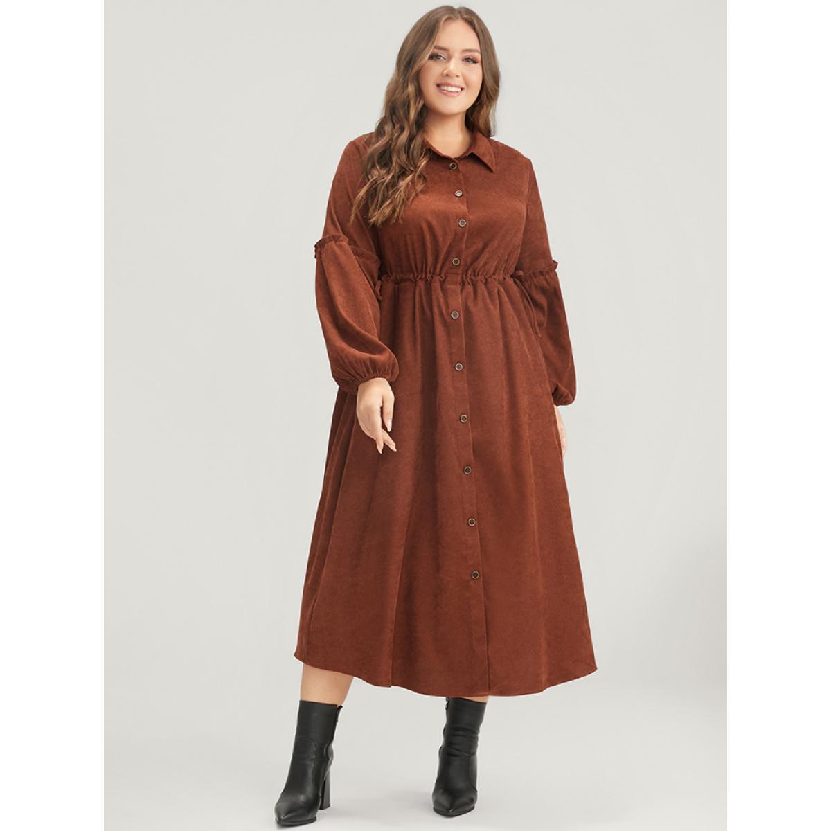 Plus Size Solid Drawstring Pocket Button Detail Shirt Collar Corduroy Dress Brown Women Office Drawstring Shirt collar Long Sleeve Curvy Midi Dress BloomChic 26/4X Product Image