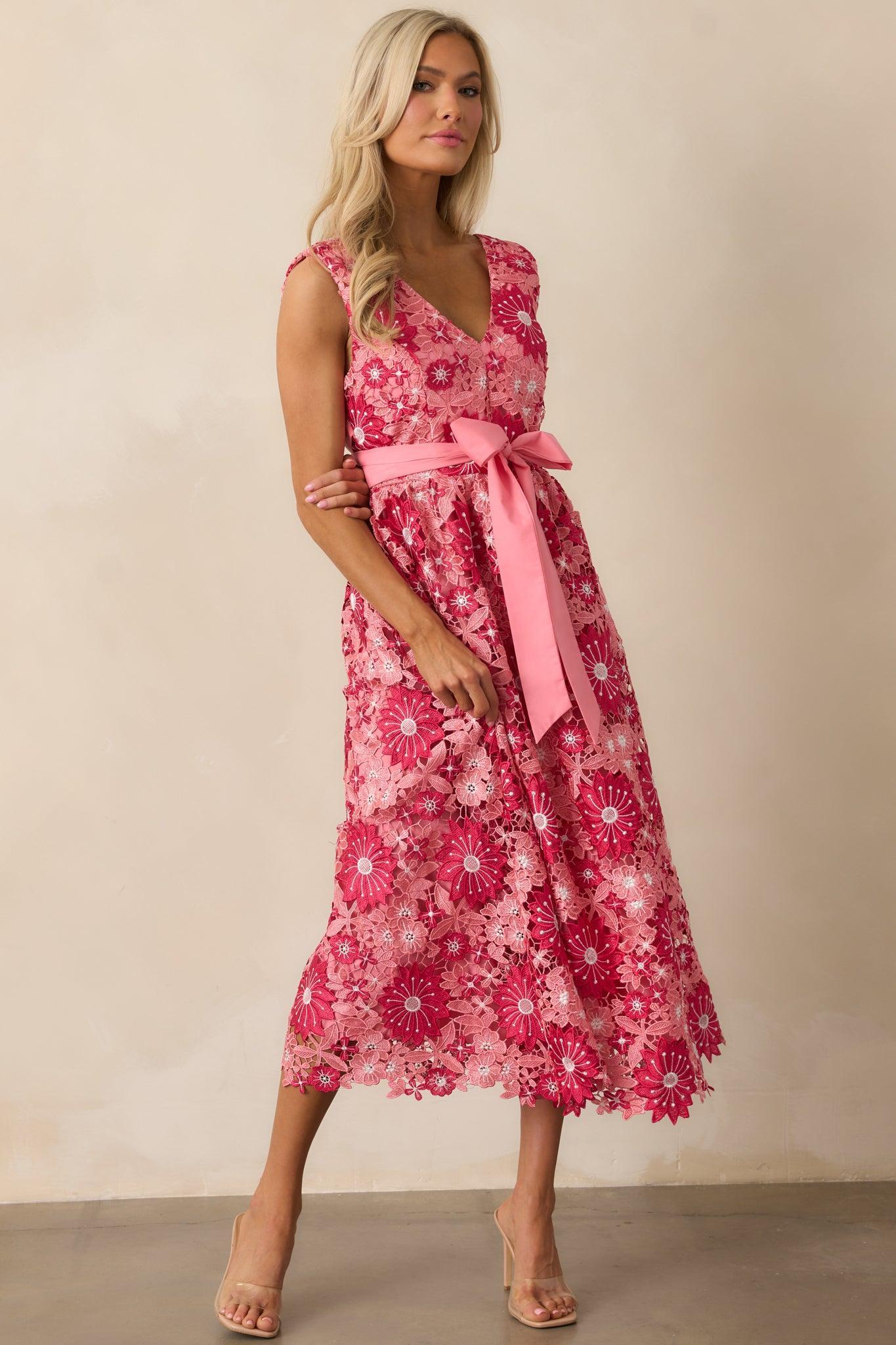 First Dance Pink Floral Embroidered Midi Dress Product Image