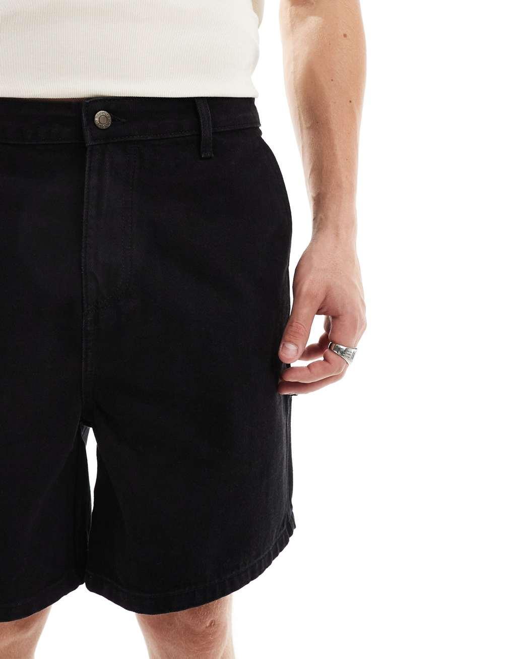ASOS DESIGN standard length denim jorts with carpenter detail in mid wash blue Product Image
