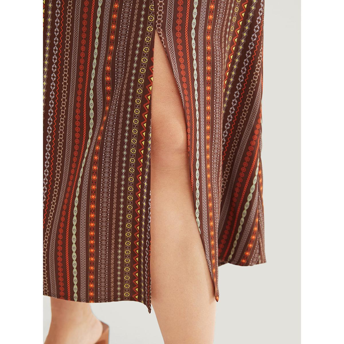 Plus Size Striped Geometric Dolman Sleeve Pocket Split Surplice Neck Ruffle Dress Brown Women Vacation Pocket Cold Shoulder Short sleeve Curvy Midi Dress BloomChic 14-16/1X Product Image