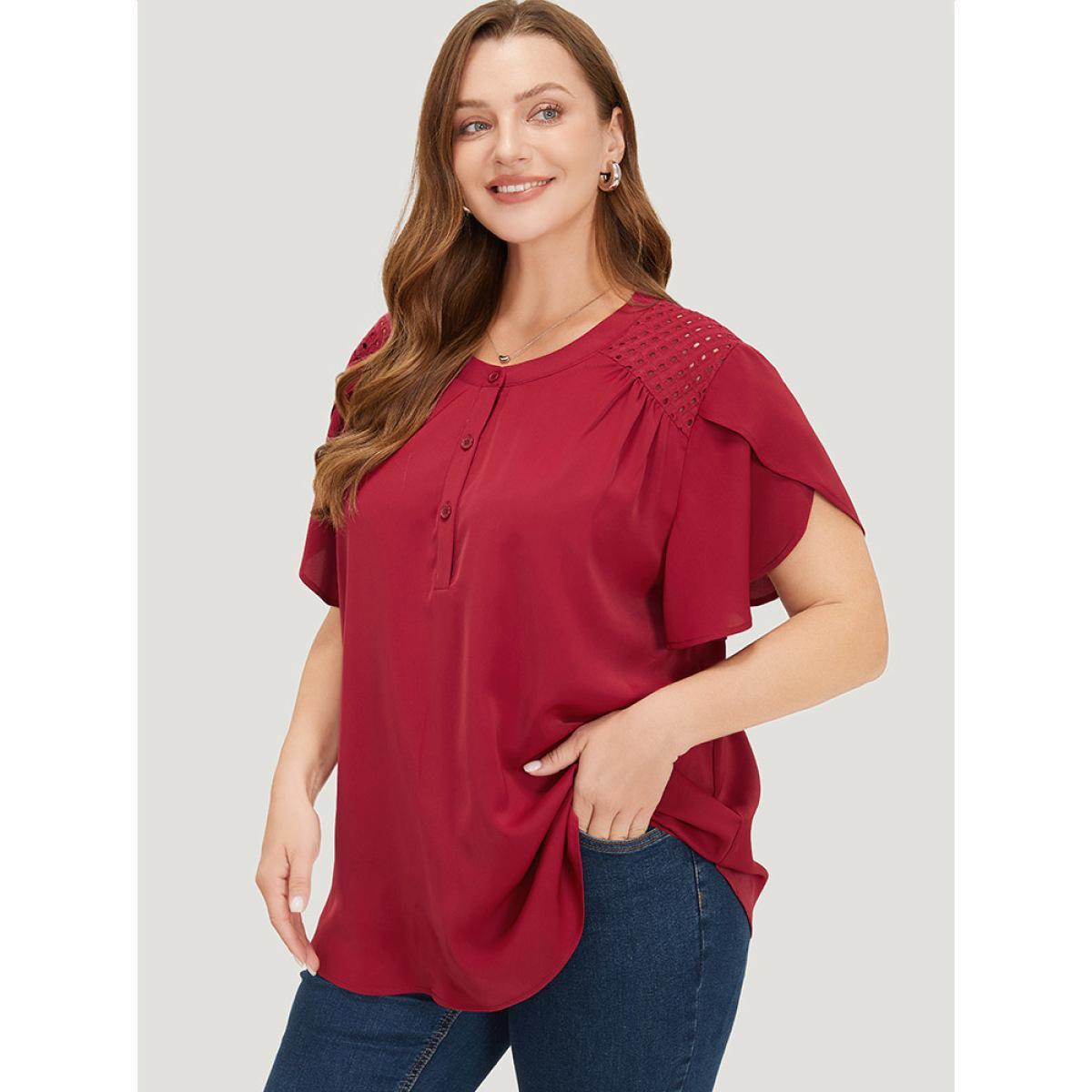 Plus Size Burgundy Plain Patchwork Cut Out Petal Sleeve Blouse Women Office Short sleeve Round Neck Work Blouses BloomChic 12/L Product Image