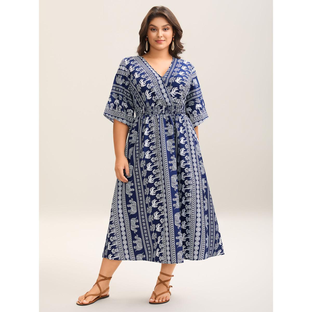 Plus Size Resort Ready Print Shirred Waist Maxi Dress DarkBlue Women Overlap Collar Half Sleeve Curvy BloomChic 12/L Product Image