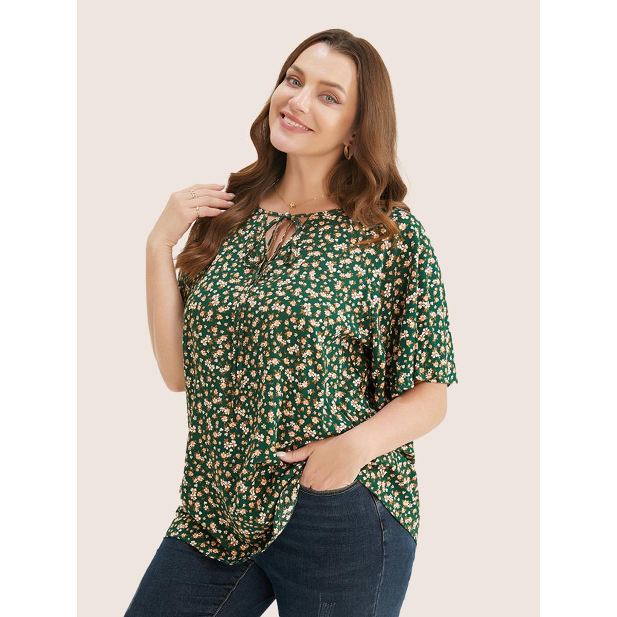 Plus Size ArmyGreen Ditsy Floral Ruffle Sleeve Tie Neck Blouse Women Elegant Short sleeve V-neck Everyday Blouses BloomChic 10/M Product Image