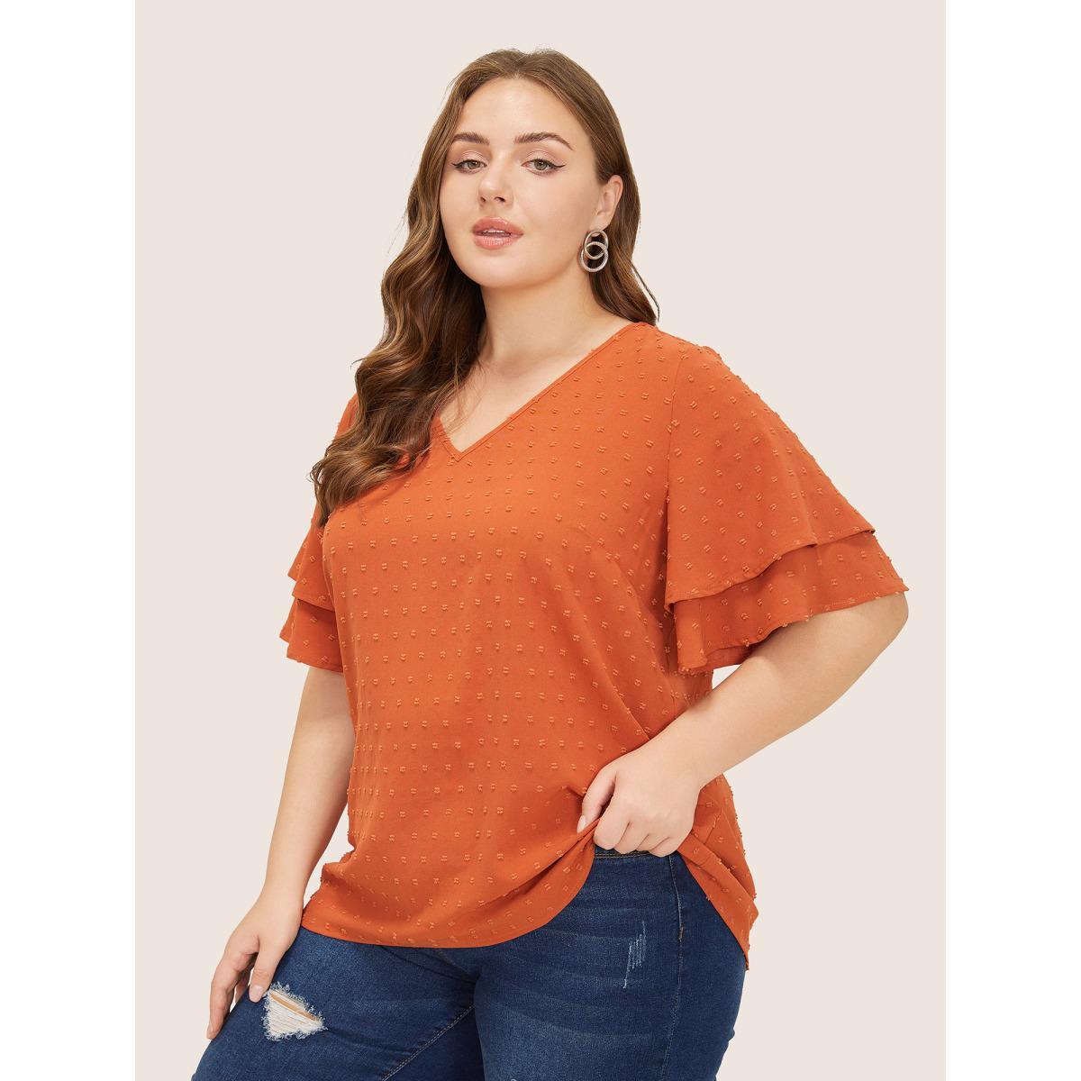 Plus Size Orange Plain Ruffle Tiered Sleeve V Neck Polka Dot Blouse Women Elegant Short sleeve V-neck Everyday Blouses BloomChic 22-24/3X Product Image