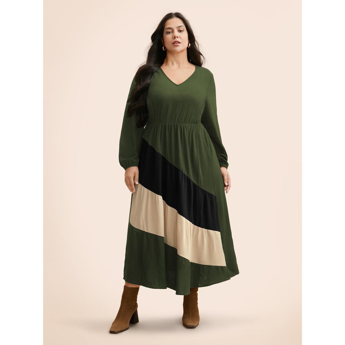 Plus Size Colorblock Contrast Gathered Lantern Sleeve Dress ArmyGreen Women Elegant Contrast V-neck Long Sleeve Curvy BloomChic 12/L Product Image