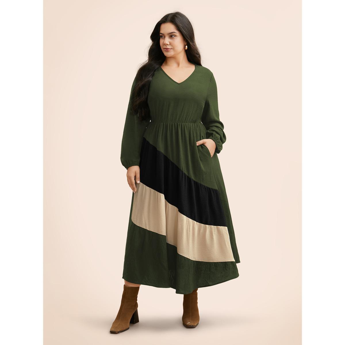 Plus Size Colorblock Contrast Gathered Lantern Sleeve Dress ArmyGreen Women Elegant Contrast V-neck Long Sleeve Curvy BloomChic 12/L Product Image