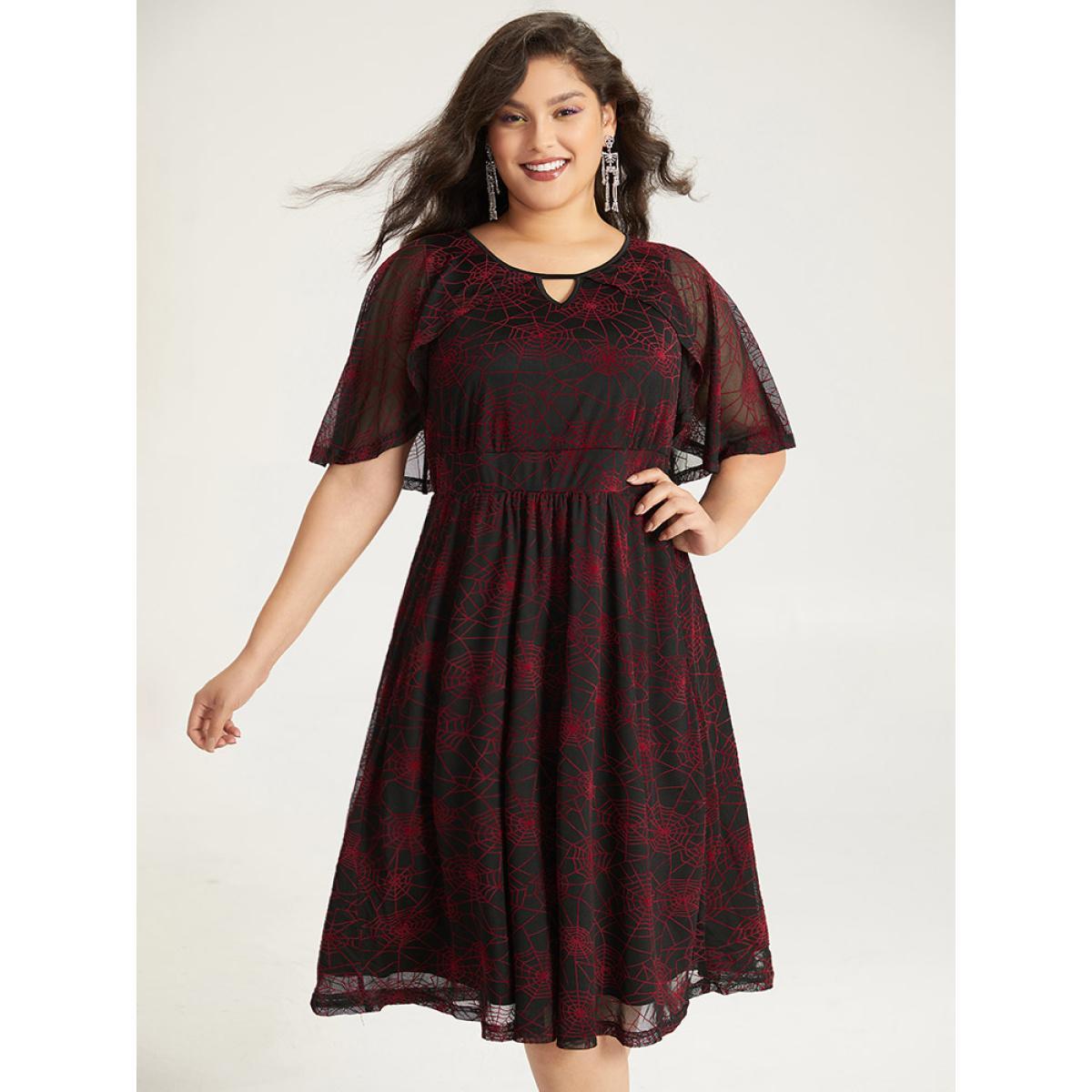 Plus Size Halloween Spider Web Pattern Keyhole Dress Black Women Party Gathered Notched collar Half Sleeve Curvy Midi Dress BloomChic 30/6X Product Image