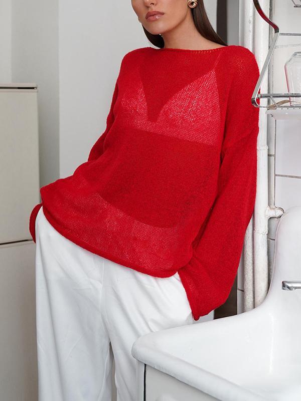 Long Sleeves Loose See-Through Solid Color Split-Joint Round-Neck Sweater Tops Product Image