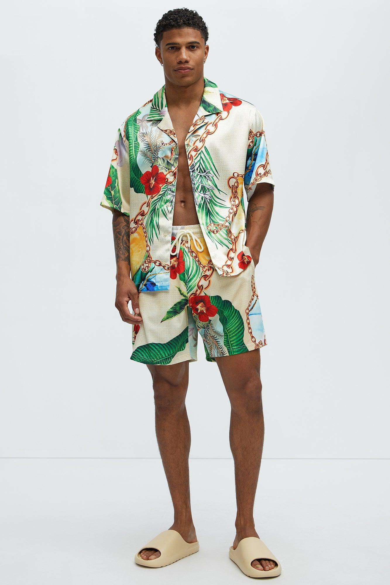 Palms And Chains Printed Cuban Collar Shirt - Multi Color Product Image