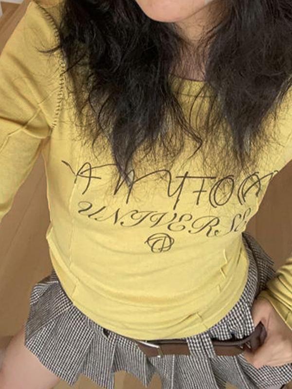 Letter Print Splice Slim Long Sleeve Tee Product Image