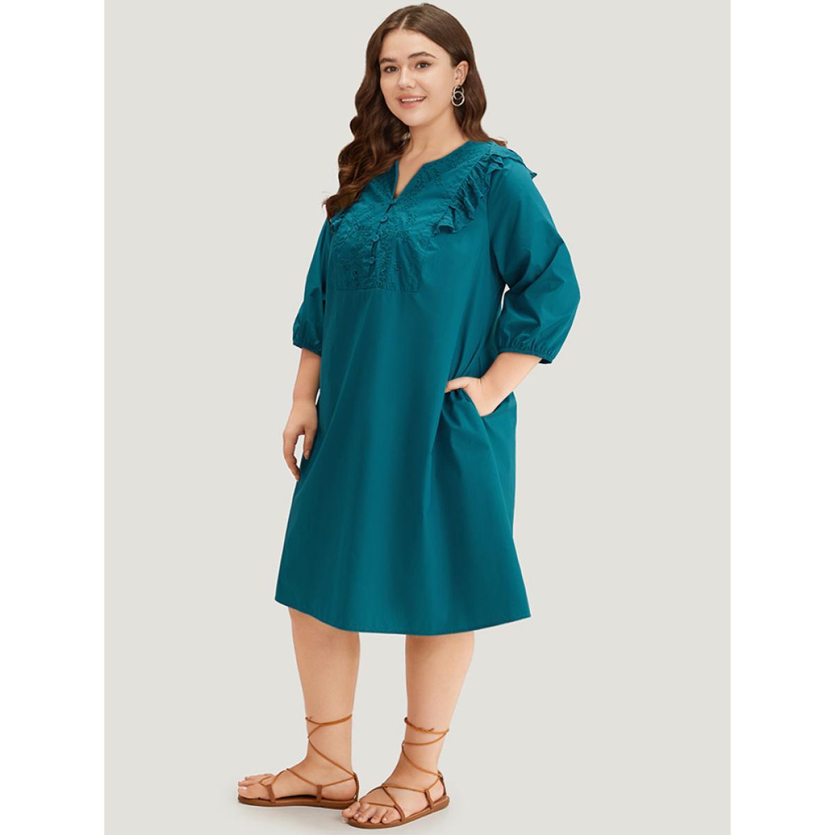 Plus Size Plain Ruffle Trim Lantern Sleeve Dress Cerulean Women Vacation Elastic cuffs Notched collar Elbow-length sleeve Curvy Midi Dress BloomChic 18-20/2X Product Image