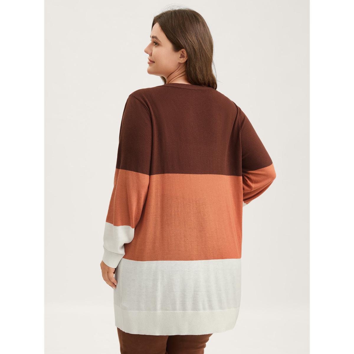 Plus Size Supersoft Color Block Front-Open Lightweight Cardigan Browncoffeecolor Women Loose Long Sleeve Everyday-Casual Cardigans BloomChic 18-20/2X Product Image