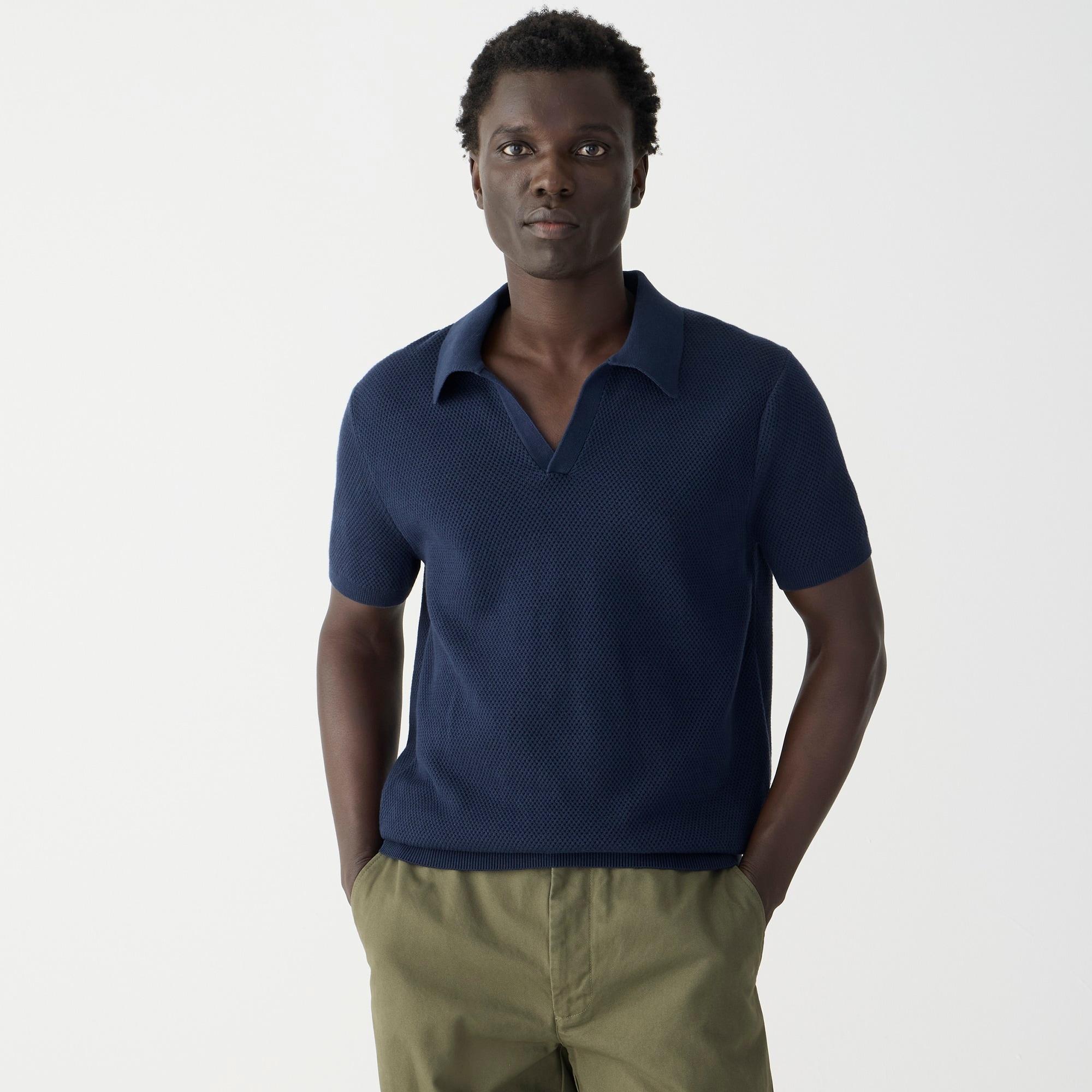 Short-sleeve cotton mesh-stitch johnny-collar sweater-polo Product Image
