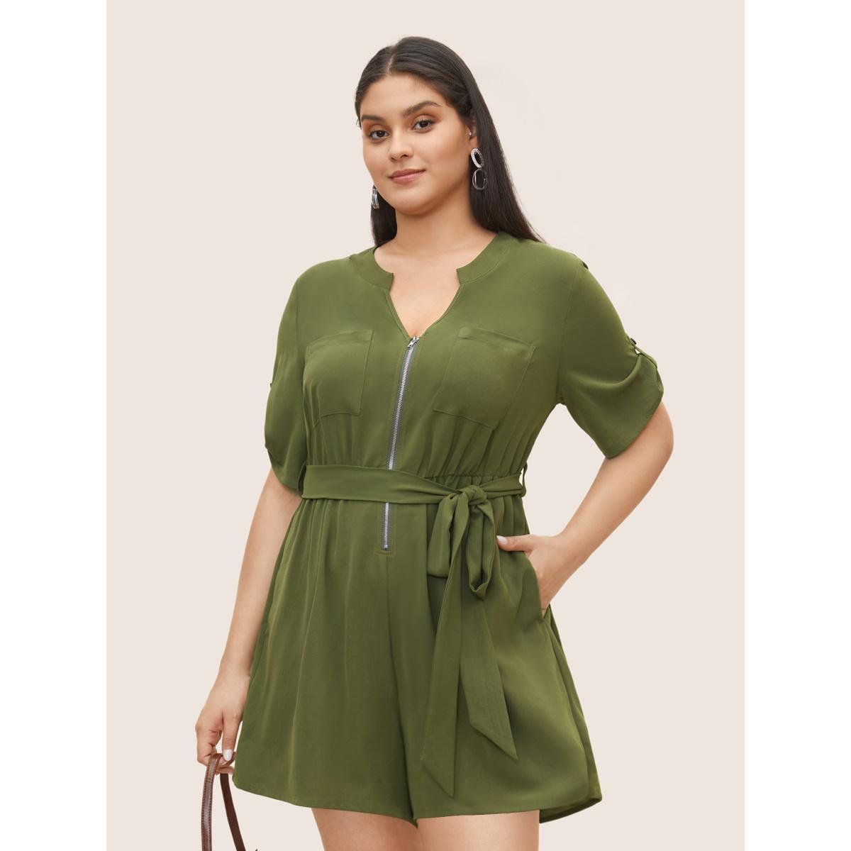 Plus Size Moss Solid Half Zip Belted Tab Sleeve Jumpsuit Women At the Office Half Sleeve Flat collar with V-notch Work Loose Jumpsuits BloomChic 18-20/2X Product Image