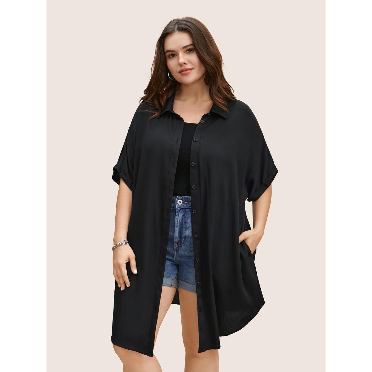 Plus Size Black Rayon Shirt Collar Cuffed Sleeve Pocket Blouse Women Casual Short sleeve Shirt collar Everyday Blouses BloomChic 30/6X Product Image