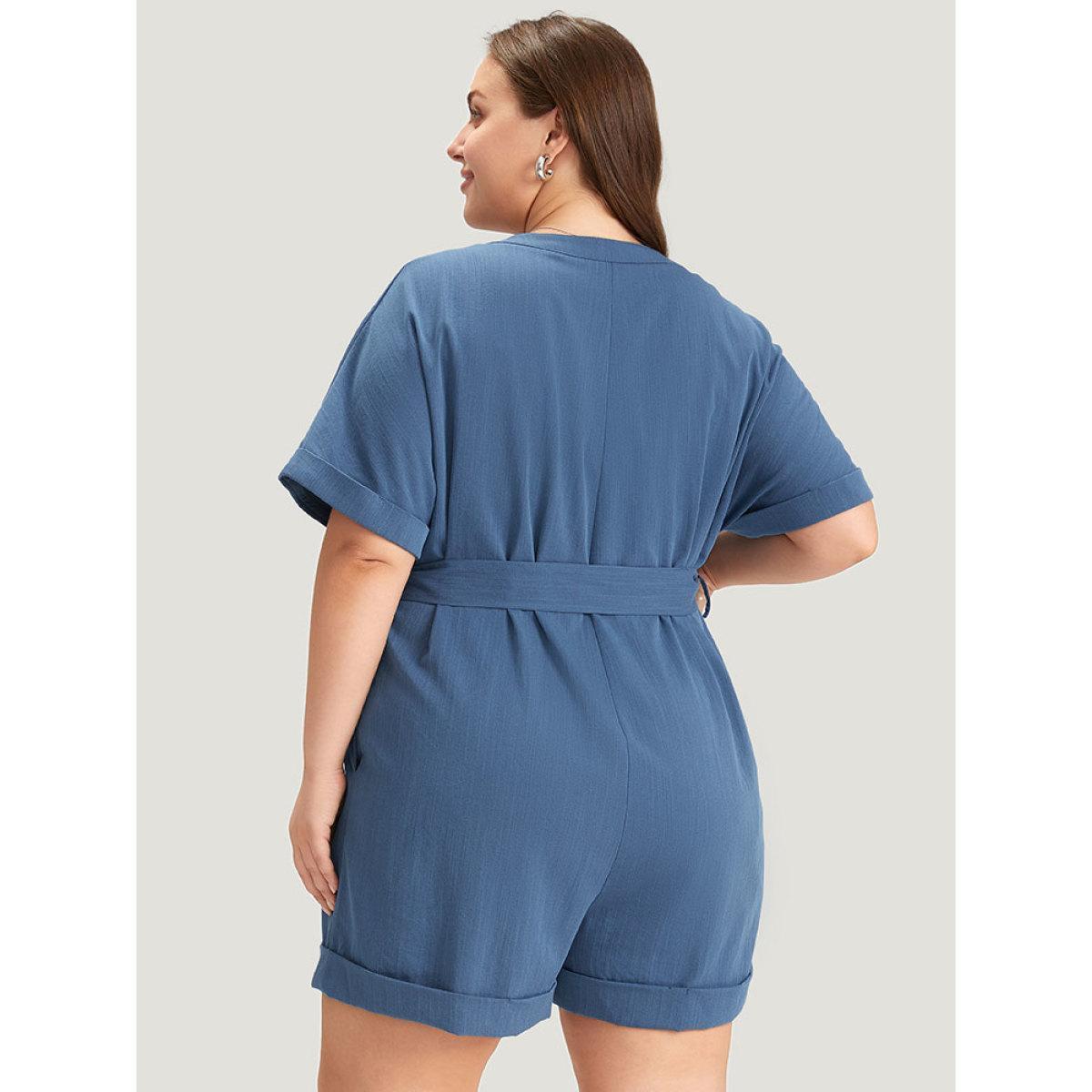 Plus Size Stone Anti-Wrinkle Solid Patched Pocket Notched Button Up Belt Romper Women Office Short sleeve Notched collar Work Loose Jumpsuits BloomChic 12/L Product Image