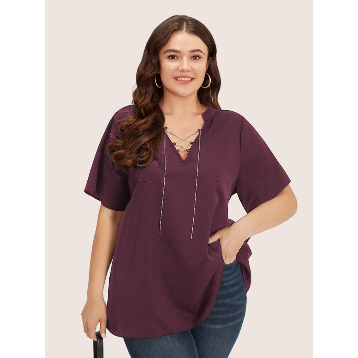 Plus Size Burgundy Solid Crisscross Notched Metal Decor Blouse Women Office Short sleeve Notched collar Work Blouses BloomChic 22-24/3X Product Image