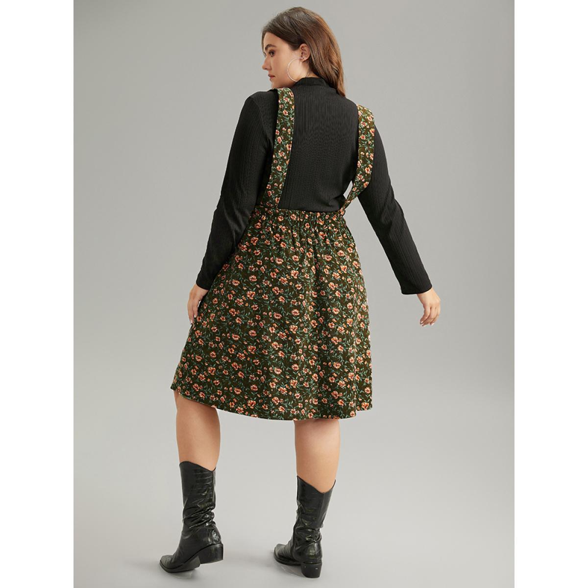 Plus Size Corduroy Ditsy Floral Pocket Adjustable Straps Dress Bronze Women Casual Adjustable Straps Spaghetti Strap Sleeveless Curvy Knee Dress BloomChic 26/4X Product Image