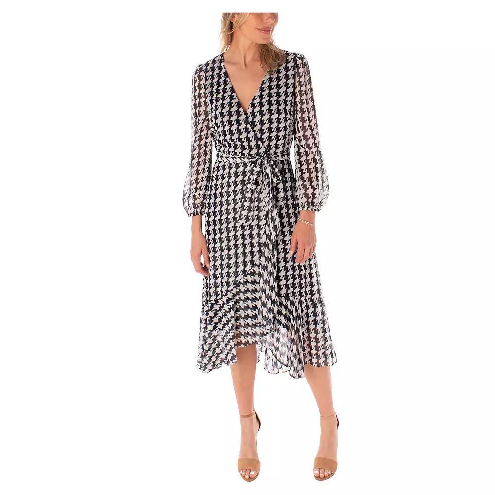 Women's Maison Tara Houndstooth Printed Wrap Midi Dress, Size: 4, Navy Ivory Product Image