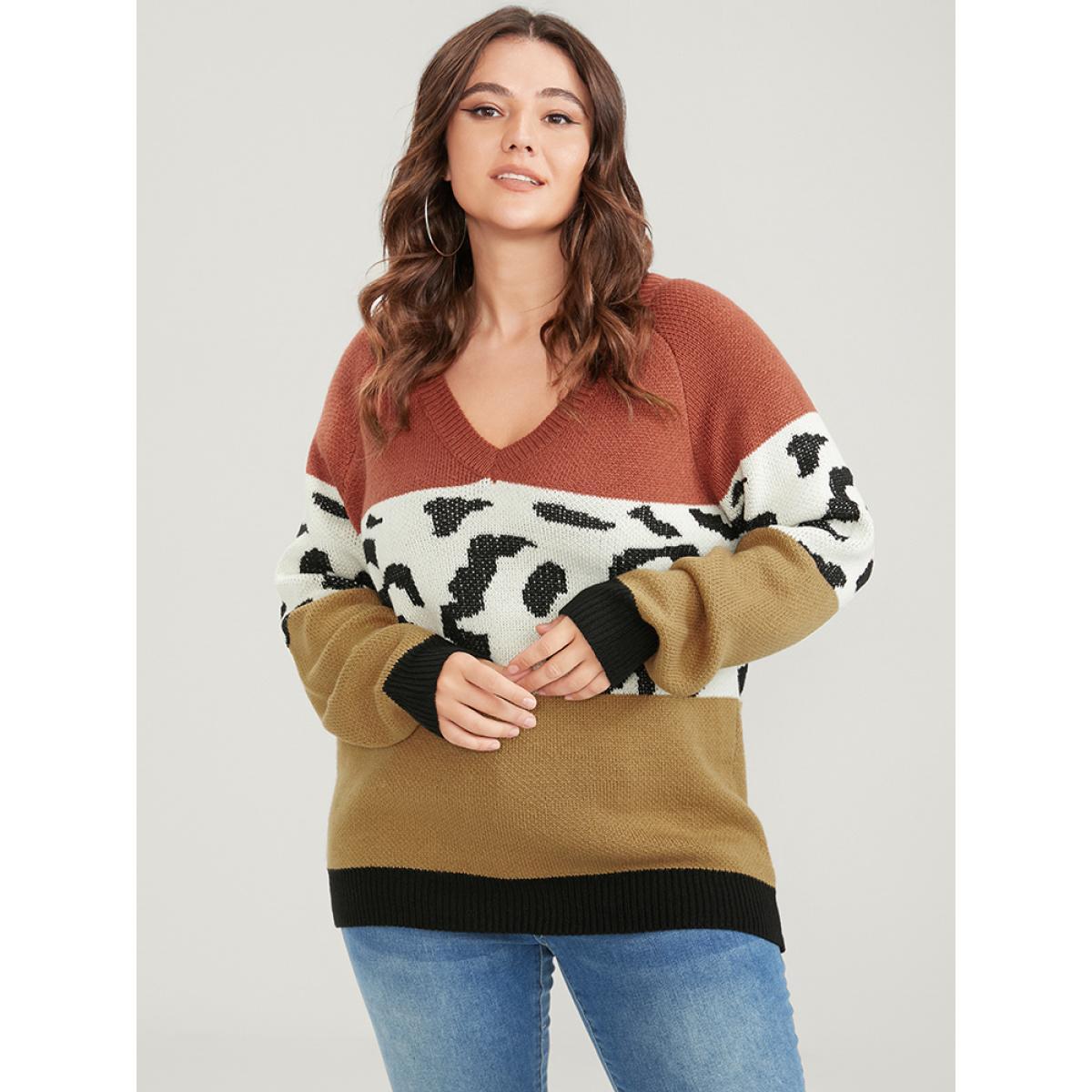 Plus Size Leopard Colorblock Contrast Pointelle Knit V Neck Knit Top Multicolor Women Casual Loose Long Sleeve V-neck Dailywear Pullovers BloomChic 10/M Product Image