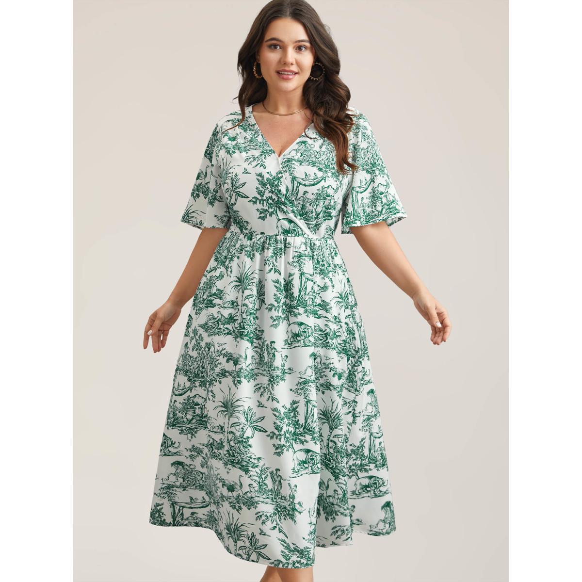 Plus Size Forest Print Waist-Cinched Surplice Neck Dress Emerald Women Elegant Non Overlap Collar Half Sleeve Curvy BloomChic 14-16/1X Product Image