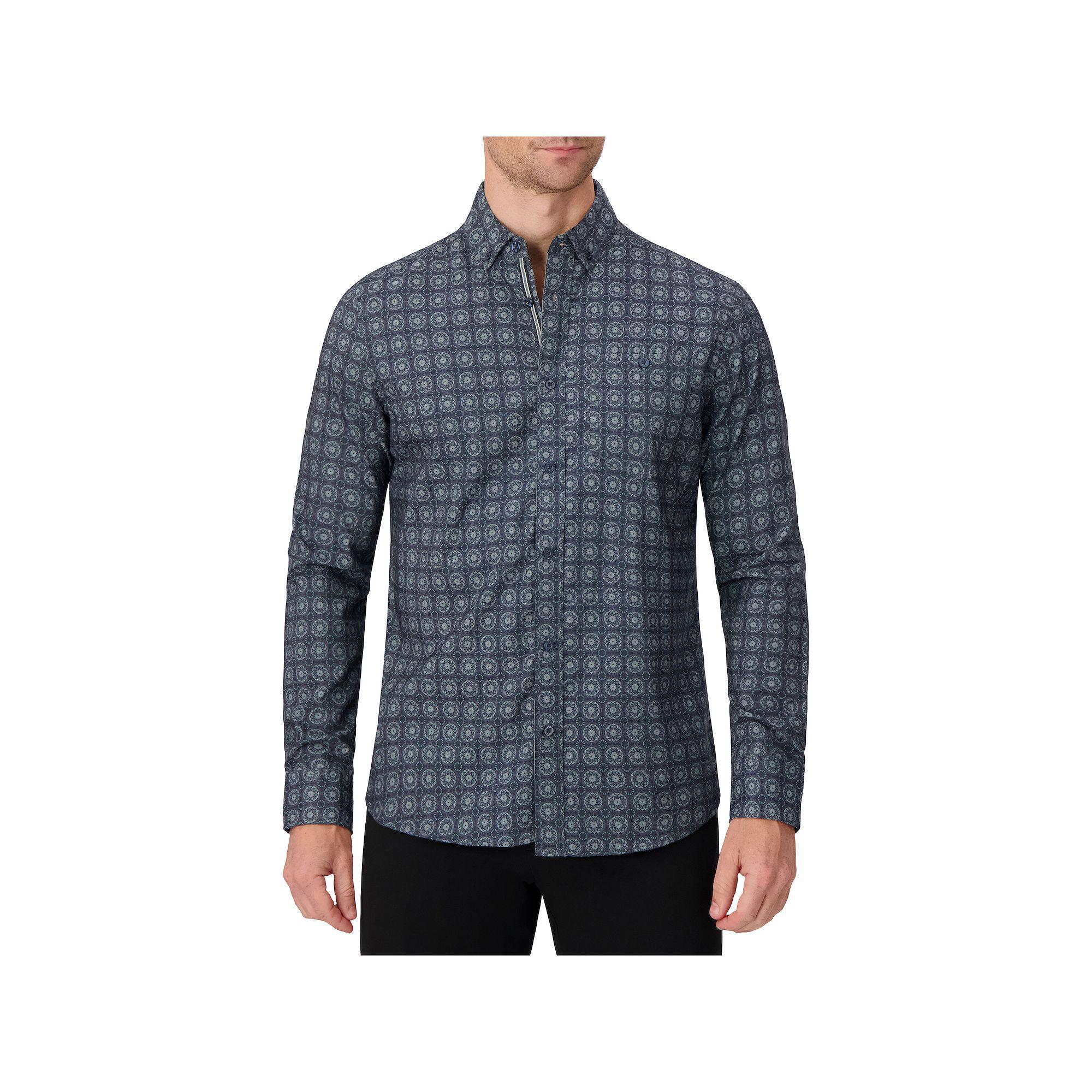 Men's Report Collection Long Sleeve Stretch Modal Plaid Woven Button-Down Shirt, Size: Small, Blue Geo Product Image