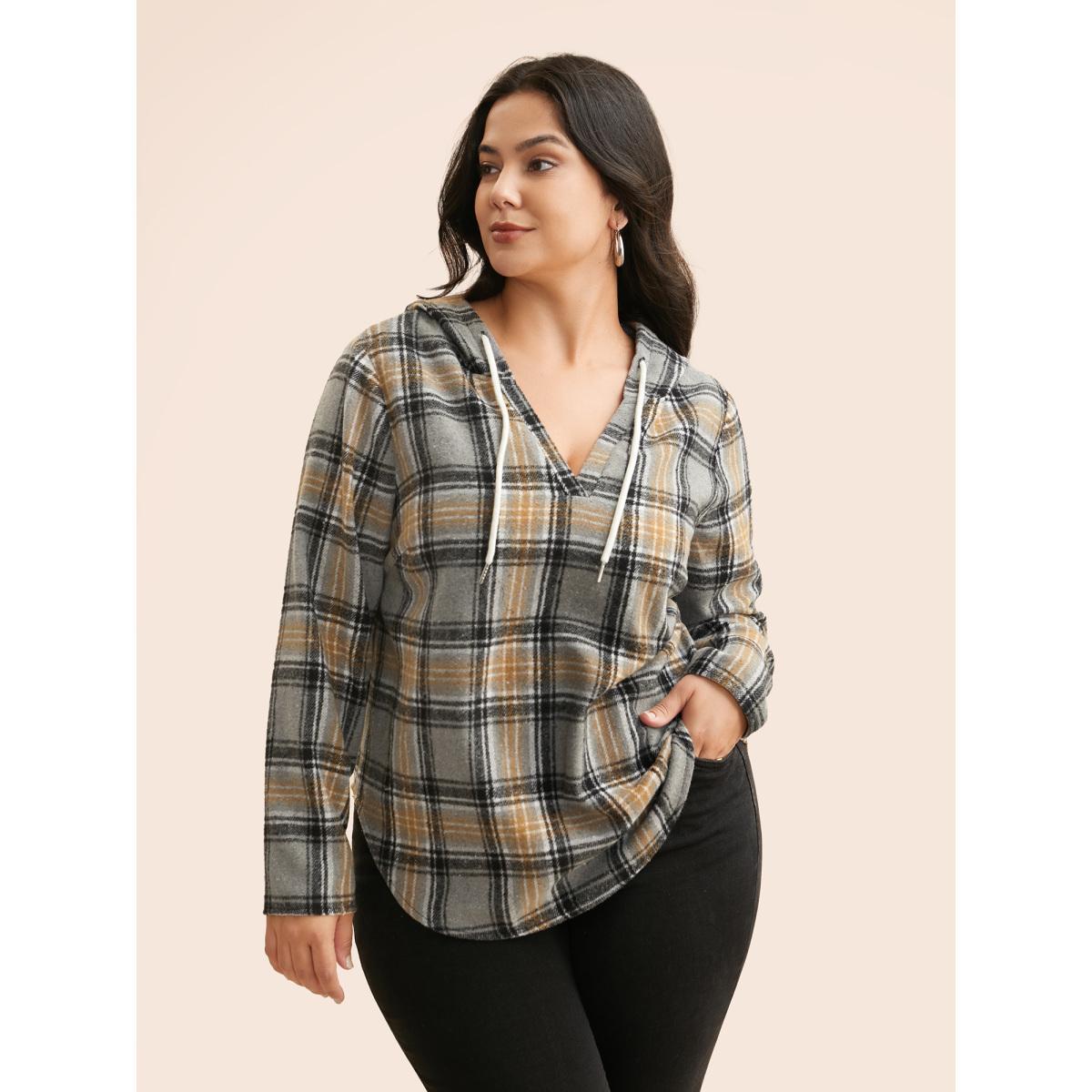 Plus Size Brushed Fabric Plaid Hooded Sweatshirt Women DarkGray Casual Drawstring Hooded Everyday Sweatshirts BloomChic 26/4X Product Image