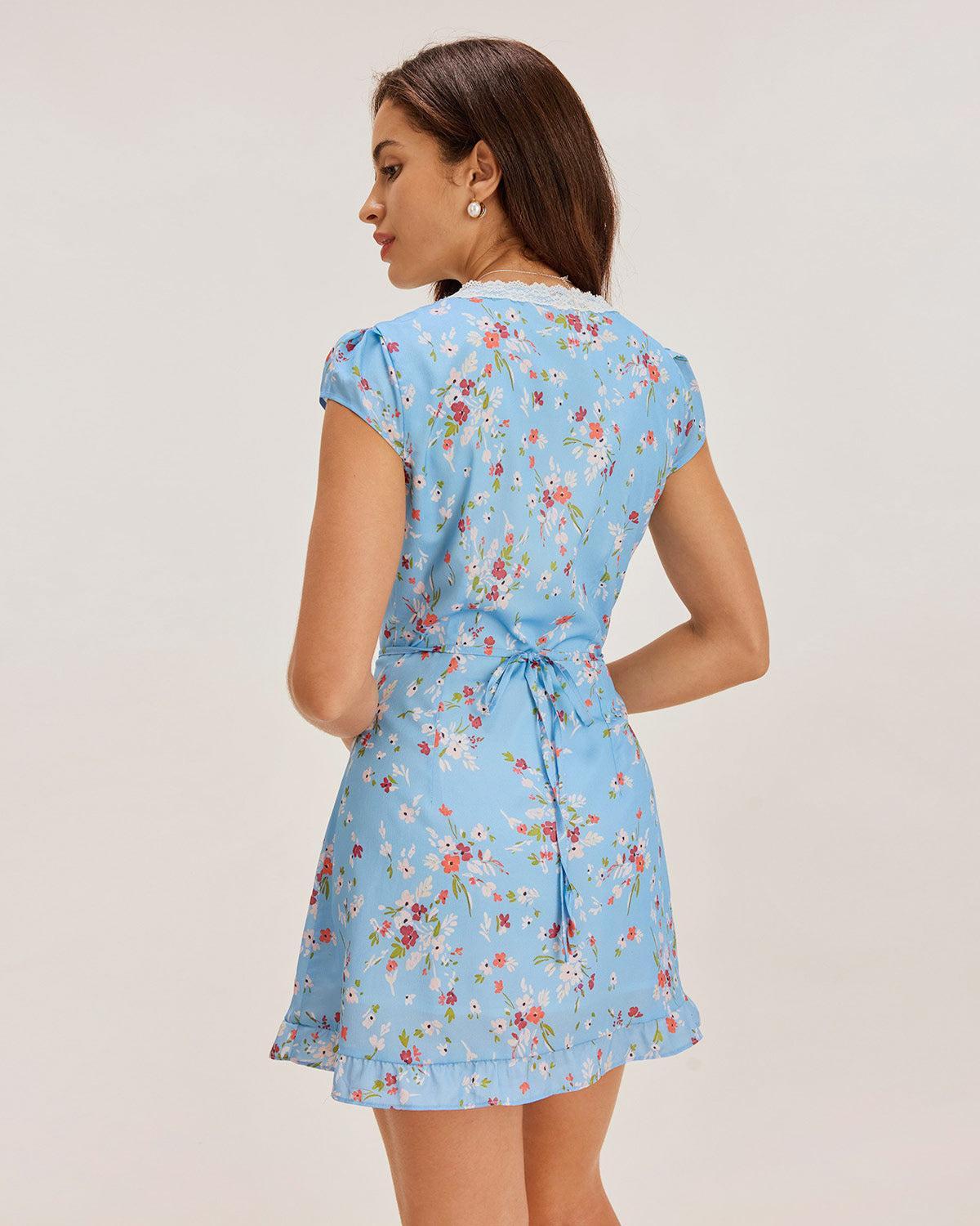 Blue Floral Wrap Mini Dress Product Image