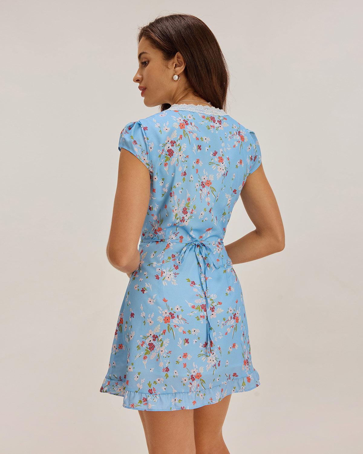 Blue Floral Wrap Mini Dress Product Image
